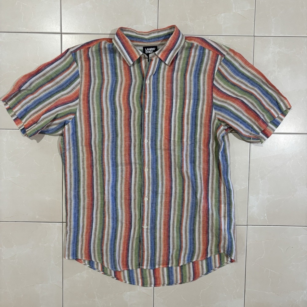 Lands End Traditional Fit Linen Button Shirt Men's M Striped Summer Y2K